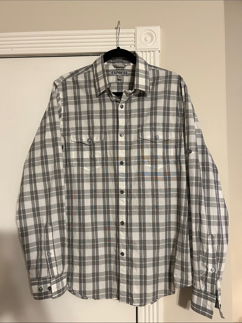 Express Men’s Gray and White Plaid Button-Down Shirt size medium